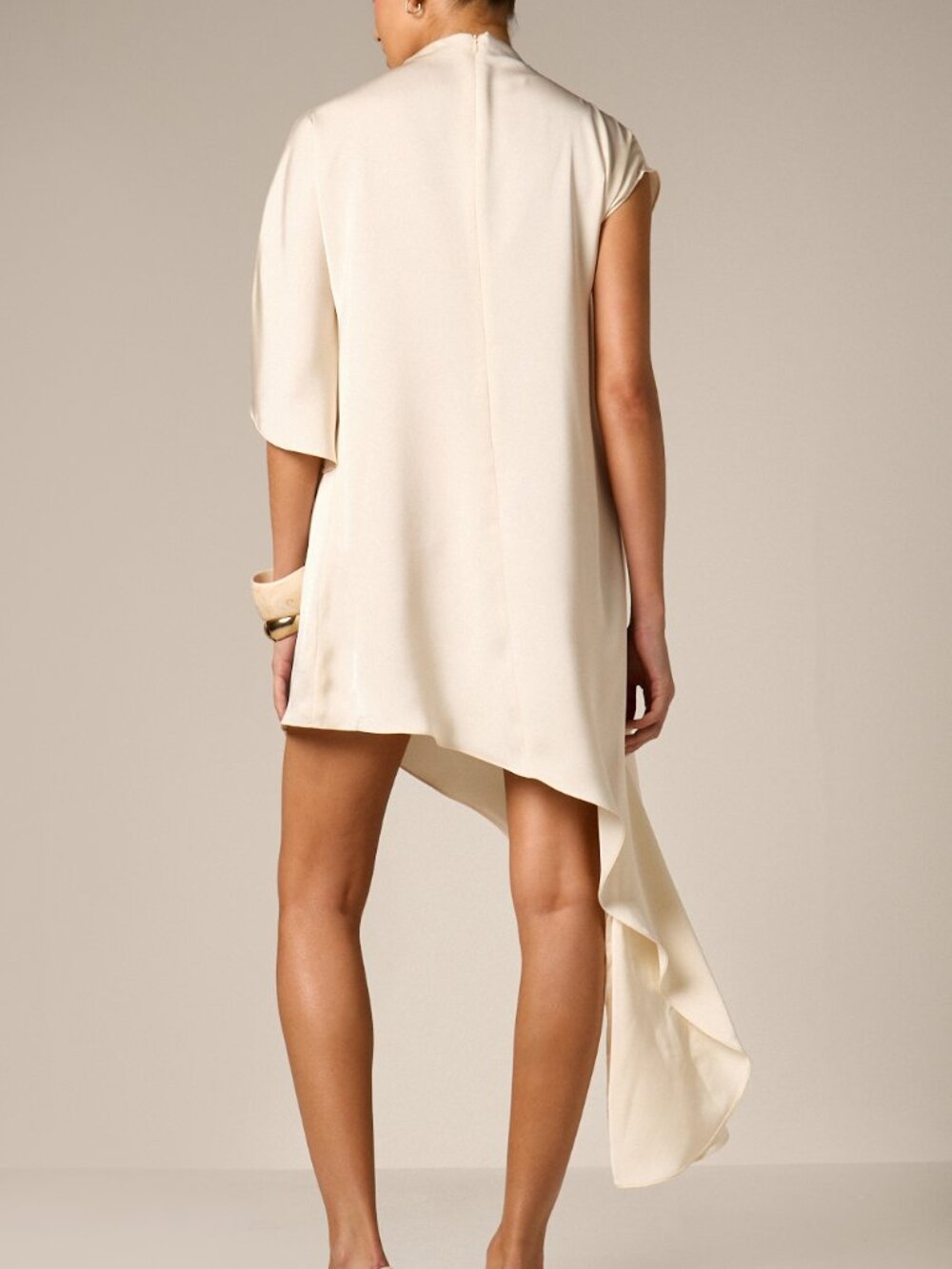 Beige Elegant Women's Asymmetric Drape High Neck Short Sleeve Mini Dress - Picture 2 of 5